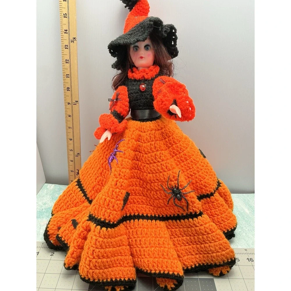 Vtg Halloween  Doll Black Hair Sleepy Eye Crochet Pumpkin Color Dress With Stand